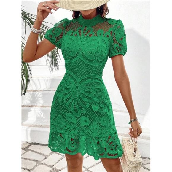 NEW‎ - Women Summer Solid Color Stand Collar Lace Short Puff Sleeve Elegant - Picture 3 of 9
